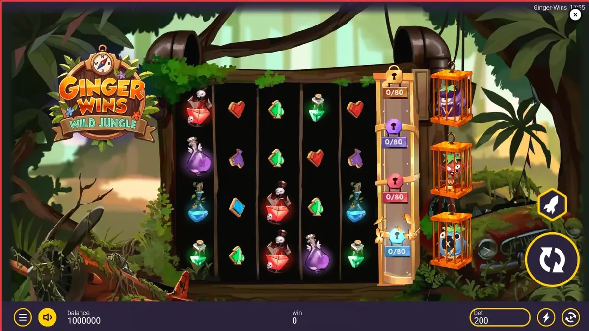 Tampilan visual slot Ginger Wins Wild Jungle dengan tema hutan tropis dan simbol-simbol eksotis.
