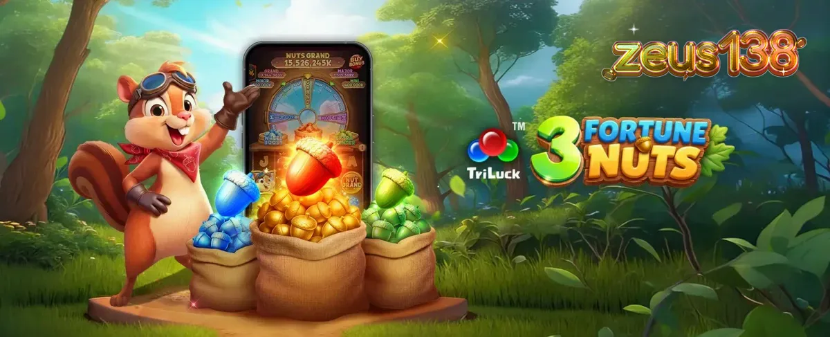 Tampilan visual slot 3 Fortune Nuts dengan tema hutan dan karakter tupai yang ceria.